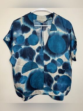 Brochu Walker 100% Silk Blue Teal Abstract Dot Print Short Sleeve Blouse Med
